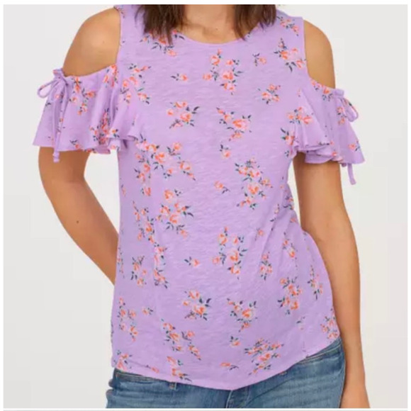 Rebecca Taylor Pastel Light Purple Cold Shoulder Linen Top Floral Print Bloue M - Picture 1 of 5